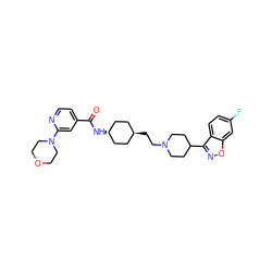 O=C(N[C@H]1CC[C@H](CCN2CCC(c3noc4cc(F)ccc34)CC2)CC1)c1ccnc(N2CCOCC2)c1 ZINC001772640392