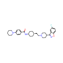 O=C(N[C@H]1CC[C@H](CCN2CCC(c3noc4ccc(F)cc34)CC2)CC1)c1ccc(N2CCCCC2)cc1 ZINC001772599197