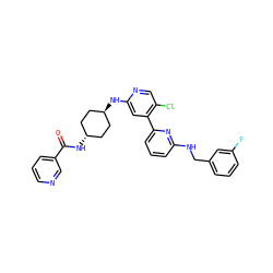 O=C(N[C@H]1CC[C@H](Nc2cc(-c3cccc(NCc4cccc(F)c4)n3)c(Cl)cn2)CC1)c1cccnc1 ZINC000261110714