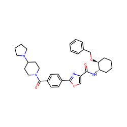 O=C(N[C@H]1CCCC[C@@H]1OCc1ccccc1)c1coc(-c2ccc(C(=O)N3CCC(N4CCCC4)CC3)cc2)n1 ZINC000084618112