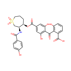 O=C(N[C@H]1CS(=O)(=O)CCC[C@H]1OC(=O)c1cc(O)c(C(=O)c2c(O)cccc2C(=O)O)c(O)c1)c1ccc(O)cc1 ZINC000026251205