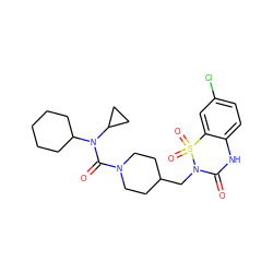 O=C(N1CCC(CN2C(=O)Nc3ccc(Cl)cc3S2(=O)=O)CC1)N(C1CCCCC1)C1CC1 ZINC000084587720