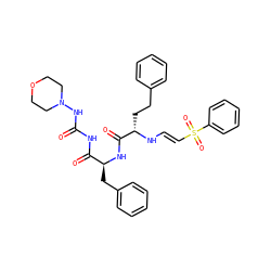 O=C(NC(=O)[C@H](Cc1ccccc1)NC(=O)[C@H](CCc1ccccc1)N/C=C/S(=O)(=O)c1ccccc1)NN1CCOCC1 ZINC000100720928