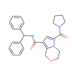 O=C(NC(c1ccccc1)c1ccccc1)c1cc(C(=O)N2CCCC2)n2c1COCC2 ZINC000143748383