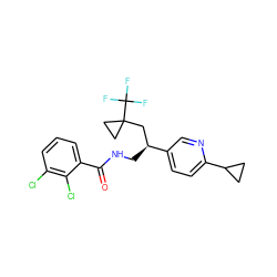 O=C(NC[C@@H](CC1(C(F)(F)F)CC1)c1ccc(C2CC2)nc1)c1cccc(Cl)c1Cl ZINC000217365096