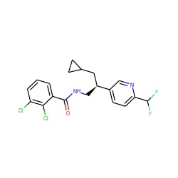 O=C(NC[C@@H](CC1CC1)c1ccc(C(F)F)nc1)c1cccc(Cl)c1Cl ZINC000217381805