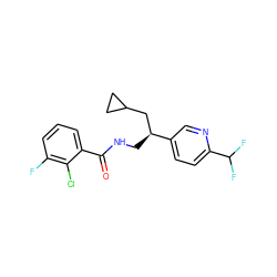 O=C(NC[C@@H](CC1CC1)c1ccc(C(F)F)nc1)c1cccc(F)c1Cl ZINC000217381994