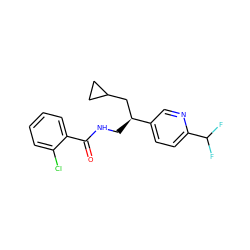 O=C(NC[C@@H](CC1CC1)c1ccc(C(F)F)nc1)c1ccccc1Cl ZINC000217381446