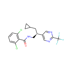 O=C(NC[C@@H](CC1CC1)c1cnc(C(F)(F)F)nc1)c1c(Cl)cccc1Cl ZINC000217371898