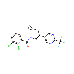 O=C(NC[C@@H](CC1CC1)c1cnc(C(F)(F)F)nc1)c1cccc(Cl)c1Cl ZINC000217367242