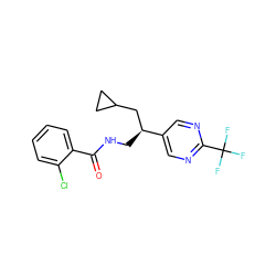 O=C(NC[C@@H](CC1CC1)c1cnc(C(F)(F)F)nc1)c1ccccc1Cl ZINC000207684773