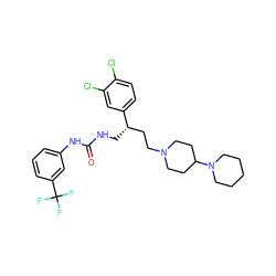 O=C(NC[C@@H](CCN1CCC(N2CCCCC2)CC1)c1ccc(Cl)c(Cl)c1)Nc1cccc(C(F)(F)F)c1 ZINC000028118214
