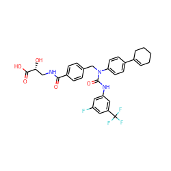 O=C(NC[C@@H](O)C(=O)O)c1ccc(CN(C(=O)Nc2cc(F)cc(C(F)(F)F)c2)c2ccc(C3=CCCCC3)cc2)cc1 ZINC000044305823