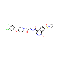 O=C(NC[C@@H](O)CN1CCC(Oc2ccc(Cl)c(Cl)c2)CC1)c1c[nH]c(=O)c2cc(S(=O)(=O)N3CCC3)ccc12 ZINC000003916653