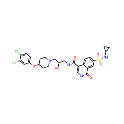 O=C(NC[C@@H](O)CN1CCC(Oc2ccc(Cl)c(Cl)c2)CC1)c1c[nH]c(=O)c2cc(S(=O)(=O)NC3CC3)ccc12 ZINC000095559758