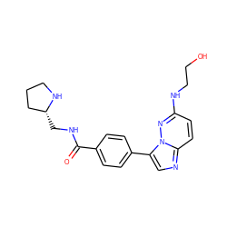 O=C(NC[C@@H]1CCCN1)c1ccc(-c2cnc3ccc(NCCO)nn23)cc1 ZINC000058590781