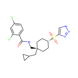 O=C(NC[C@]1(CC2CC2)CC[C@@H](S(=O)(=O)c2c[nH]nn2)CC1)c1ccc(Cl)cc1Cl ZINC000101536274