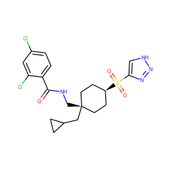 O=C(NC[C@]1(CC2CC2)CC[C@H](S(=O)(=O)c2c[nH]nn2)CC1)c1ccc(Cl)cc1Cl ZINC000101536282