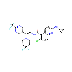 O=C(NC[C@H](c1cnc(C(F)(F)F)nc1)N1CCC(F)(F)CC1)c1c(Cl)ccc2nc(NC3CC3)ccc12 ZINC000149139135