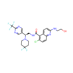 O=C(NC[C@H](c1cnc(C(F)(F)F)nc1)N1CCC(F)(F)CC1)c1c(Cl)ccc2nc(NCCO)ccc12 ZINC000149205270