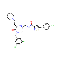 O=C(NC[C@H]1CCN(Cc2cc(Cl)cc(Cl)c2)C(=O)[C@@H](CCN2CCCCC2)N1)c1cc(-c2ccc(Cl)cc2)sn1 ZINC001772572899