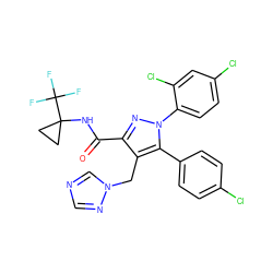 O=C(NC1(C(F)(F)F)CC1)c1nn(-c2ccc(Cl)cc2Cl)c(-c2ccc(Cl)cc2)c1Cn1cncn1 ZINC000049762178