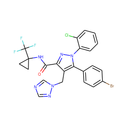 O=C(NC1(C(F)(F)F)CC1)c1nn(-c2ccccc2Cl)c(-c2ccc(Br)cc2)c1Cn1cncn1 ZINC000049757465