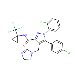 O=C(NC1(C(F)(F)F)CC1)c1nn(-c2ccccc2Cl)c(-c2ccc(Cl)cc2)c1Cn1cncn1 ZINC000049766325