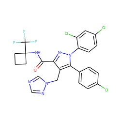 O=C(NC1(C(F)(F)F)CCC1)c1nn(-c2ccc(Cl)cc2Cl)c(-c2ccc(Cl)cc2)c1Cn1cncn1 ZINC000049762180