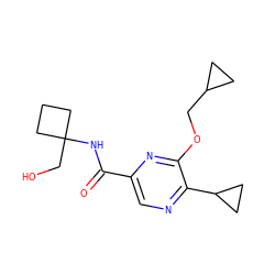 O=C(NC1(CO)CCC1)c1cnc(C2CC2)c(OCC2CC2)n1 ZINC000207345073