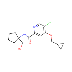 O=C(NC1(CO)CCCC1)c1cc(OCC2CC2)c(Cl)cn1 ZINC000146291011