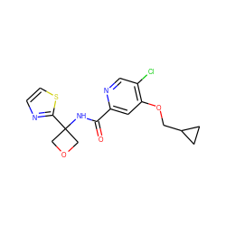 O=C(NC1(c2nccs2)COC1)c1cc(OCC2CC2)c(Cl)cn1 ZINC000149221049