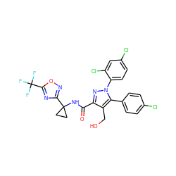 O=C(NC1(c2noc(C(F)(F)F)n2)CC1)c1nn(-c2ccc(Cl)cc2Cl)c(-c2ccc(Cl)cc2)c1CO ZINC000072112501