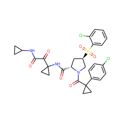 O=C(NC1CC1)C(=O)C1(NC(=O)[C@@H]2C[C@@H](S(=O)(=O)c3ccccc3Cl)CN2C(=O)C2(c3ccc(Cl)cc3)CC2)CC1 ZINC000148627467