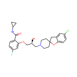 O=C(NC1CC1)c1ccc(F)cc1OC[C@@H](O)CN1CCC2(CC1)Cc1cc(Cl)ccc1O2 ZINC000038802926