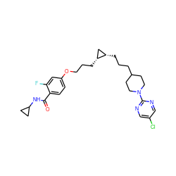 O=C(NC1CC1)c1ccc(OCCC[C@@H]2C[C@@H]2CCCC2CCN(c3ncc(Cl)cn3)CC2)cc1F ZINC000071341741