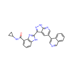 O=C(NC1CC1)c1cccc2[nH]c(-c3n[nH]c4ncc(-c5cncc6ccccc56)cc34)nc12 ZINC000072176179