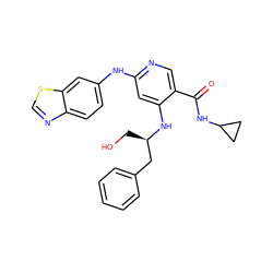 O=C(NC1CC1)c1cnc(Nc2ccc3ncsc3c2)cc1N[C@H](CO)Cc1ccccc1 ZINC001772646310