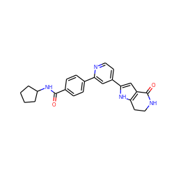 O=C(NC1CCCC1)c1ccc(-c2cc(-c3cc4c([nH]3)CCNC4=O)ccn2)cc1 ZINC000028645506