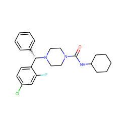 O=C(NC1CCCCC1)N1CCN([C@@H](c2ccccc2)c2ccc(Cl)cc2F)CC1 ZINC000049051556