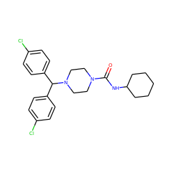 O=C(NC1CCCCC1)N1CCN(C(c2ccc(Cl)cc2)c2ccc(Cl)cc2)CC1 ZINC000045495944