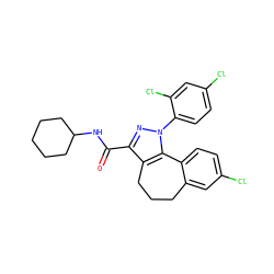 O=C(NC1CCCCC1)c1nn(-c2ccc(Cl)cc2Cl)c2c1CCCc1cc(Cl)ccc1-2 ZINC000013676070