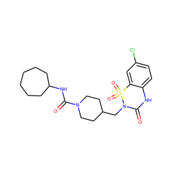 O=C(NC1CCCCCC1)N1CCC(CN2C(=O)Nc3ccc(Cl)cc3S2(=O)=O)CC1 ZINC000084632504