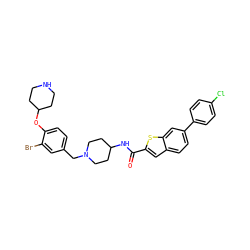 O=C(NC1CCN(Cc2ccc(OC3CCNCC3)c(Br)c2)CC1)c1cc2ccc(-c3ccc(Cl)cc3)cc2s1 ZINC001772654403