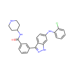 O=C(NC1CCNCC1)c1cccc(-c2n[nH]c3cc(Nc4ccccc4Cl)ccc23)c1 ZINC000028525785