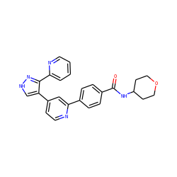 O=C(NC1CCOCC1)c1ccc(-c2cc(-c3c[nH]nc3-c3ccccn3)ccn2)cc1 ZINC000013684484