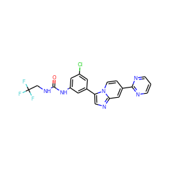 O=C(NCC(F)(F)F)Nc1cc(Cl)cc(-c2cnc3cc(-c4ncccn4)ccn23)c1 ZINC000169704753