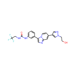 O=C(NCC(F)(F)F)Nc1cccc(-c2cnc3cc(-c4cnn(CCO)c4)ccn23)c1 ZINC000139836572