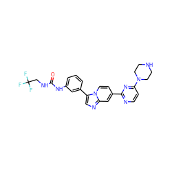 O=C(NCC(F)(F)F)Nc1cccc(-c2cnc3cc(-c4nccc(N5CCNCC5)n4)ccn23)c1 ZINC000169704714