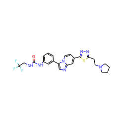 O=C(NCC(F)(F)F)Nc1cccc(-c2cnc3cc(-c4nnc(CCN5CCCC5)s4)ccn23)c1 ZINC000139659345